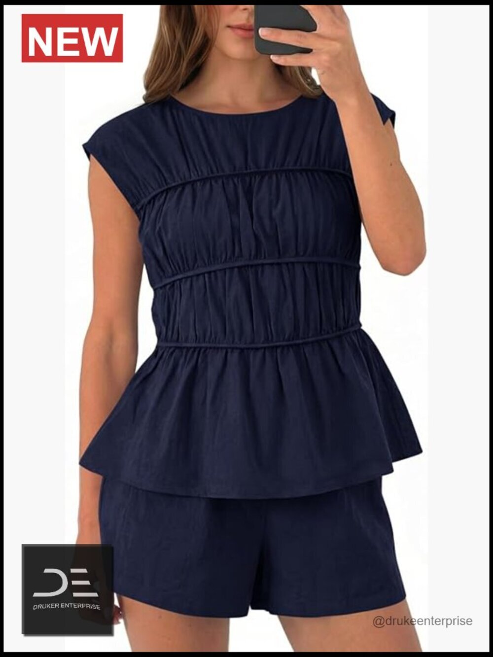 Smocked Cotton Babydoll 2 Piece Short Set Cap Sleeve Peplum Blouse Vacation